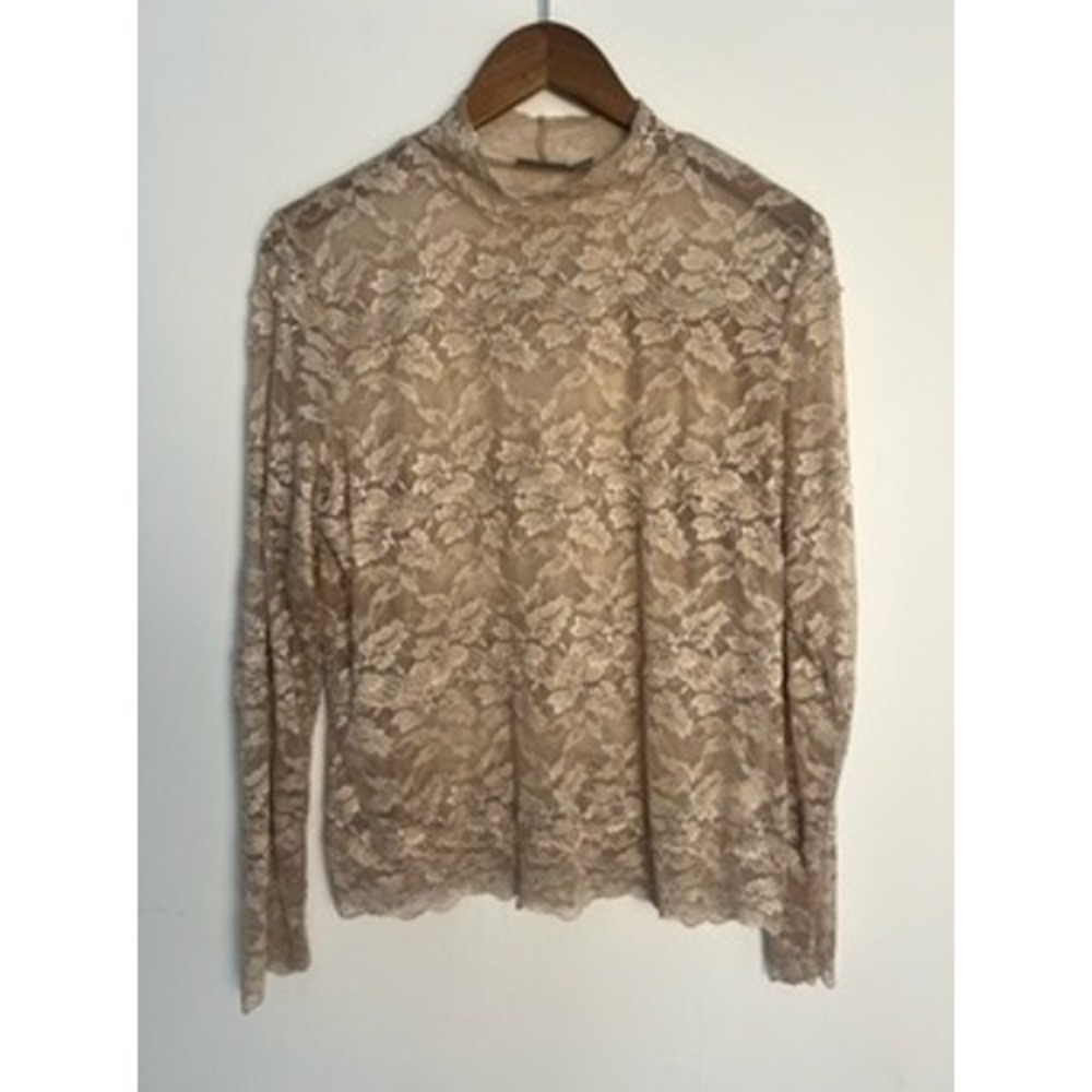 Apt. 9 XL Tan Floral Lace Mock Neck Long Sleeve Stretch Top Whimsy Boho Cottage